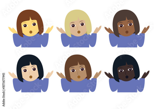 Woman person shrugging shoulders I don't know clueless I don't care funny emoji symbol sign icon vector illustration isolated flat