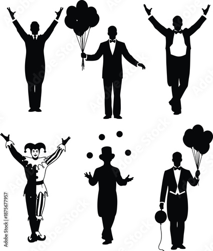 Silhouette, Clown, Juggler, Balloons, Performer, Circus, Celebration, Party, Entertainment, Costume, Fun, Vector, Black, Pose, Gesture, Festive, Character, Event, Icon, Art