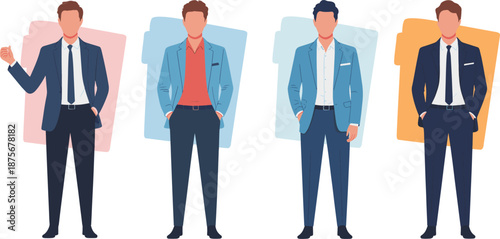 Group of professional businessmen characters in formal suits and smart casual outfits for corporate office and recruitment concepts