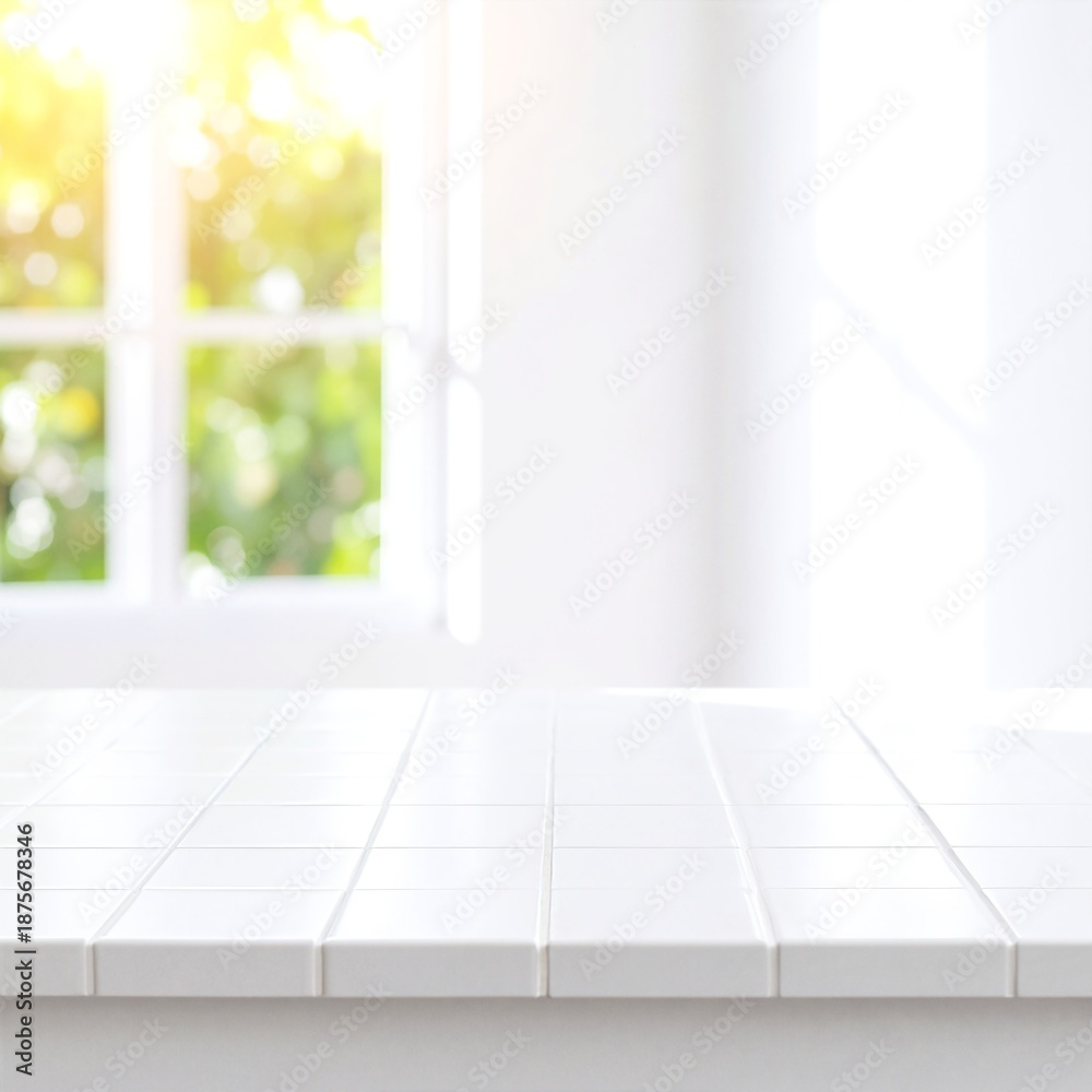 Fototapeta premium A bright, airy room features a sleek white table adorned with a small potted plant, while an open window invites fresh air and sunlight inside.