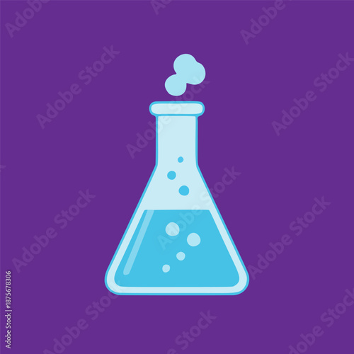 Clean vector illustration of a laboratory flask with effervescent blue liquid, symbolizing scientific research and experimental chemistry