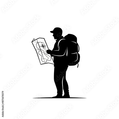Backpacker Examining Map for Navigation Purposes.