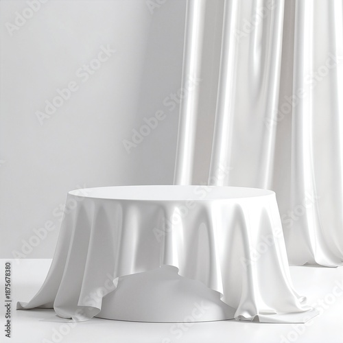 A bright, airy room features a sleek white table at the center, complemented by soft, flowing curtains in the background that gently frame the window.