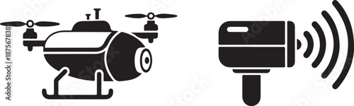Black drone and remote controller with signal waves white background