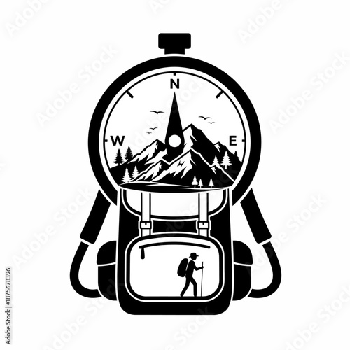 Backpack with Compass and Hiker Illustration.