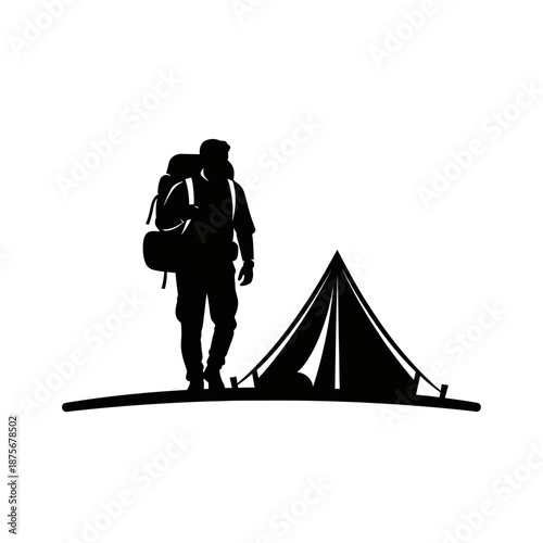 Man with Backpack Standing Near Tent Silhouette.