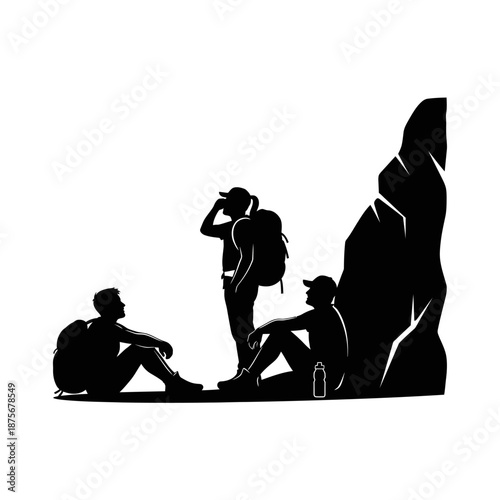 Three Hikers Resting Near Large Rock.