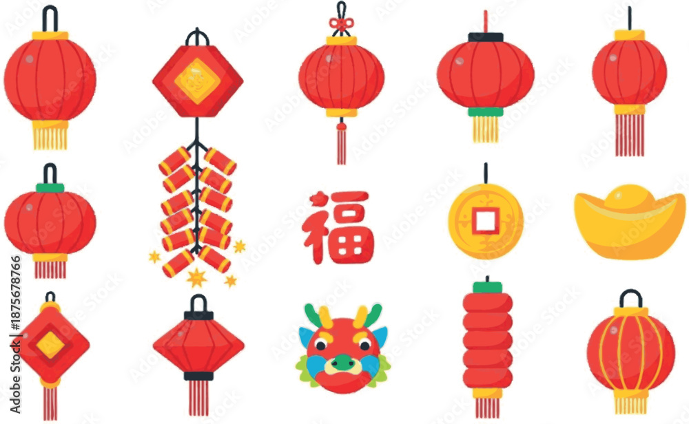 Naklejka premium Collection of Traditional Chinese New Year Decorations Including Lanterns Firecrackers Coins and Dragon Head