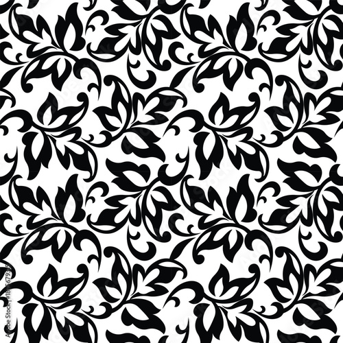 Elegant Seamless Black and White Floral Damask Pattern with Baroque Swirl Tracery