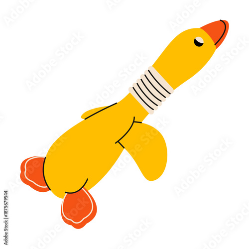 Dog canine duck toy. Cute doggy squeaky toy for chewing, plush puppy accessory cartoon flat style, pet shop stuff for adult dogs and puppies. Vector illustration