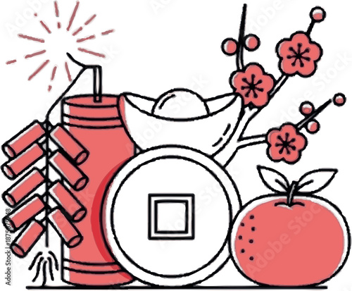 Festive illustration showcasing traditional Chinese New Year symbols like firecrackers, plum blossoms, a gold ingot, and mandarin orange for good fortune and prosperity