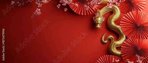 A vibrant oriental composition featuring a golden dragon, fans, and cherry blossoms against a red background will emphasise the solemnity of the event as an atmospheric backdrop  