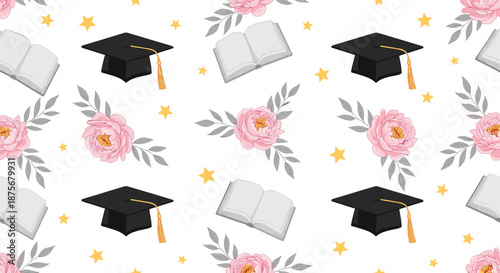 Seamless graduation pattern with mortarboard caps, books, pink flowers and golden stars