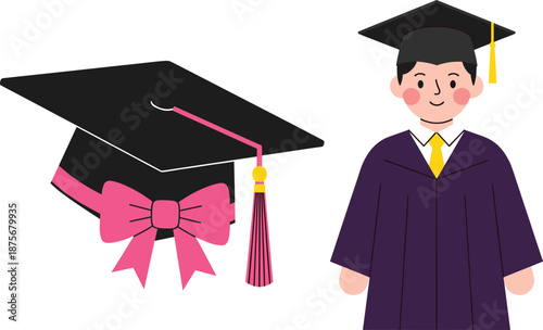 Cute graduation illustration with decorated mortarboard cap and smiling graduate character
