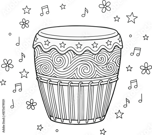 PrintBlack and white coloring page of a decorated ethnic drum with musical notes and stars for children education and hobby