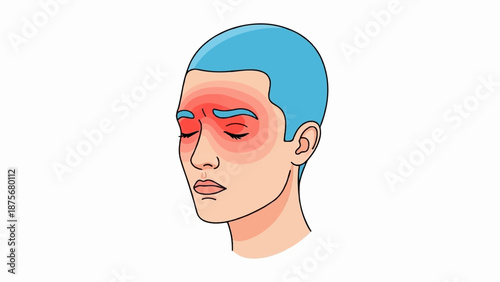 Illustrated head with closed eyes, blue hair, and inflamed forehead