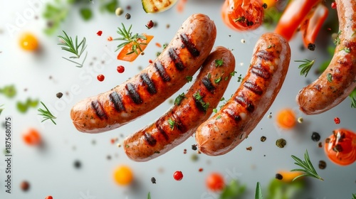 Appetising sausages with grill marks and spices on a light background will emphasise the atmosphere of a summer picnic or food advertising.