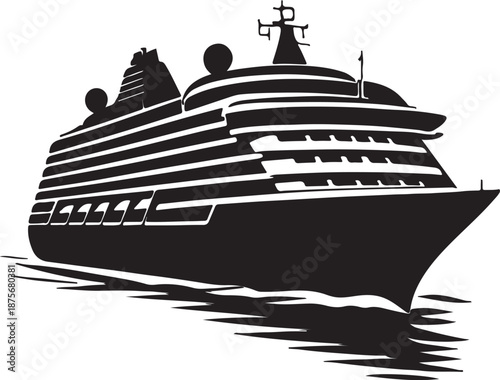 Sleek cruise ship with multiple decks travels over water silhouette vector illustration