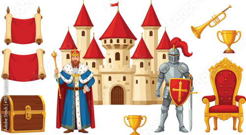 Medieval fantasy vector set featuring a majestic castle king knight in armor treasure chest royal throne and gold trophies isolated on white background