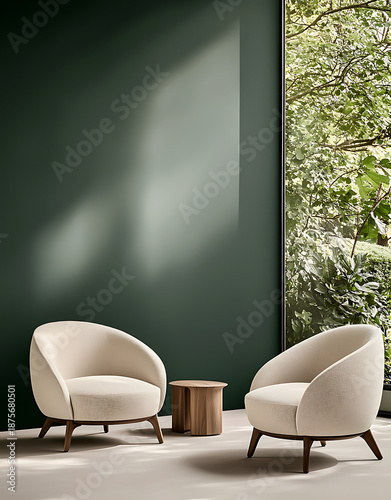 Modern room with dark teal wall, featuring two stylish chairs and wooden side table, creating serene atmosphere