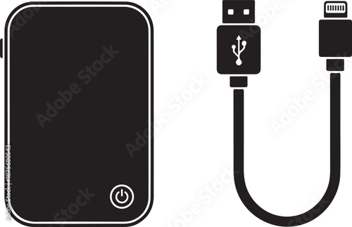 Black portable charger and usb cable power bank white background