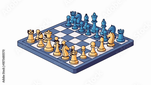 Isometric view of a chessboard with blue and gold pieces arranged for a game