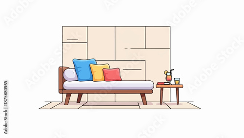 Minimalist interior scene with a daybed, colorful cushions, and a drink