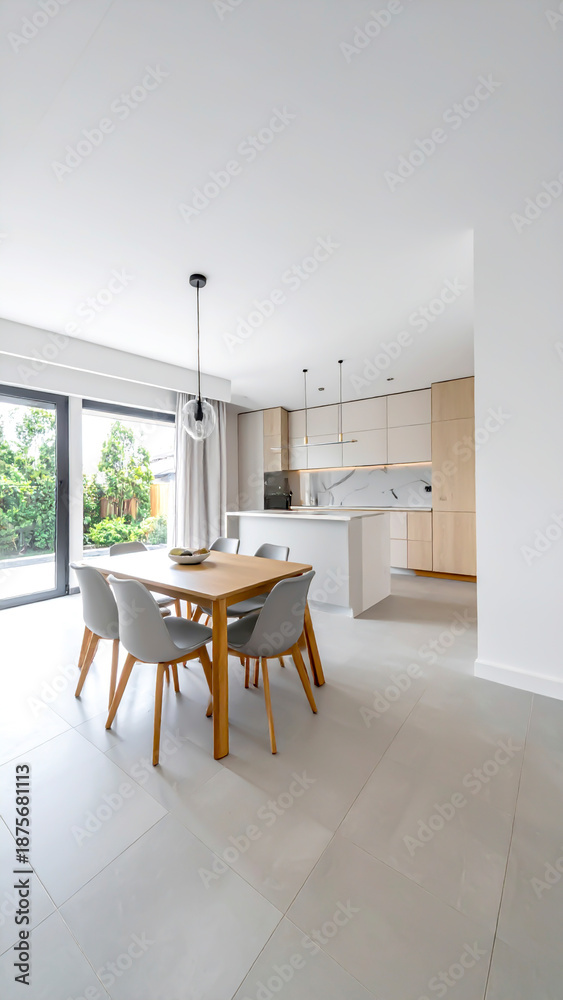 Fototapeta premium Helles, modernes Wohnküchen-Interieur mit Essbereich und viel Tageslicht