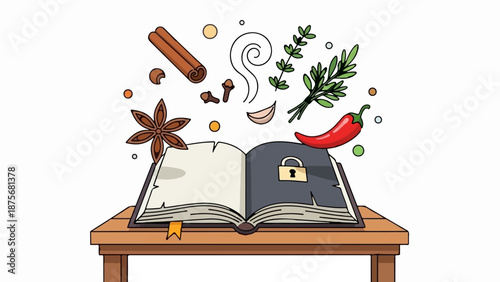Open book with floating spices and herbs, a lock on one page