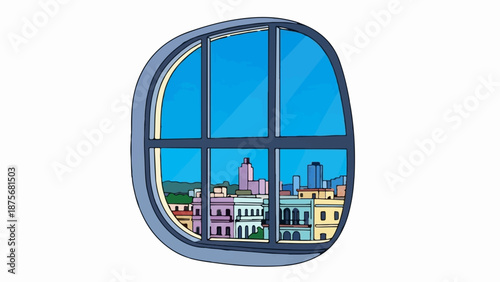 Oval window framing a colorful cityscape under a bright blue sky