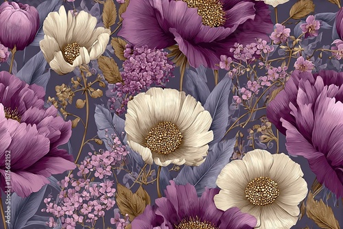 Elegant, chic, vintage seamless repeatable pattern featuring blooming daisies in purple tone