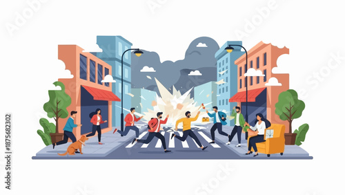 People running from an explosion in a city street with buildings and trees