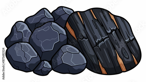 Pile of dark grey rocks and charred wood pieces