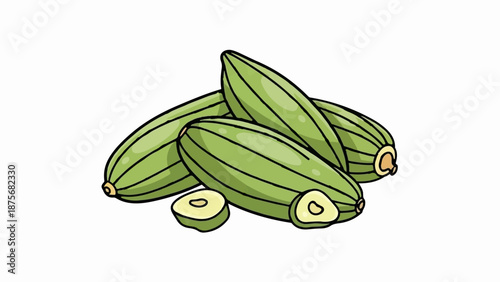 Pile of fresh, green ridge gourds with cut slices