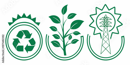 Three circular emblems depict environmental themes: a recycling symbol, a seedling in a protective arc, and an electrical transmission tower under a sunburst.