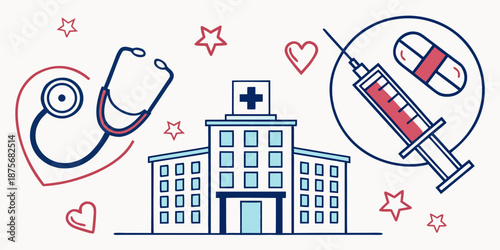 A medical facility building is depicted alongside a stethoscope, syringe, and pills, symbolizing comprehensive healthcare services and treatment options.