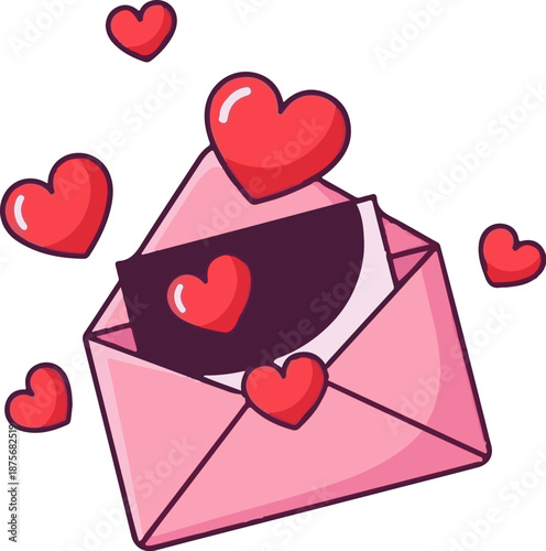 Pink envelope with hearts flying out, conveying love and affection