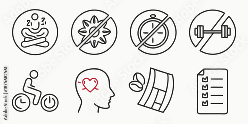 Set of eight simple black line icons illustrates concepts related to lifestyle choices, including resting, activity restrictions, and planning.