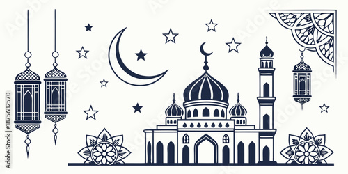 Dark monochrome line art design features an ornate mosque structure with a large crescent moon and decorative geometric corner accents.