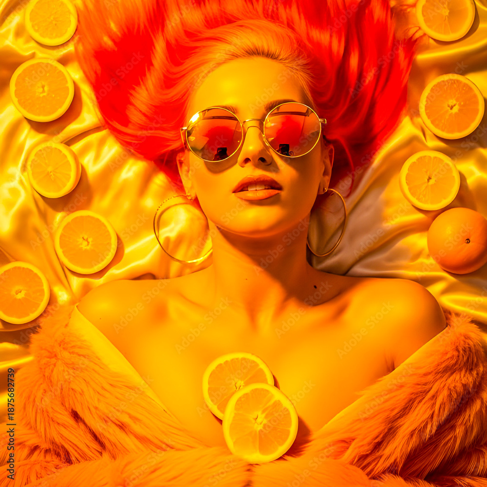 Fototapeta premium Vibrant woman with orange-pink-yellow gradient hair on sunrise satin sheet with fresh citrus slices