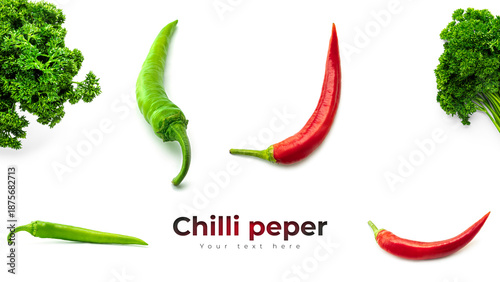 Fotografi Green and red hot chili pepper on a white background