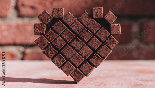 Heart shape made of small chocolate cubes is set against rustic brick background, creating warm and inviting atmosphere