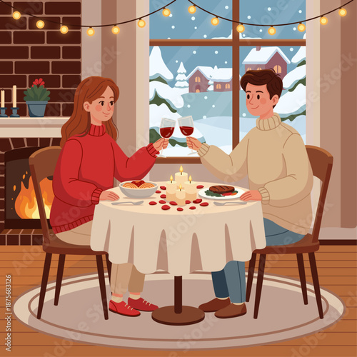 Flat illustration of Valentine’s Day romantic date with man and woman dining by fireplace as snow falls outside window