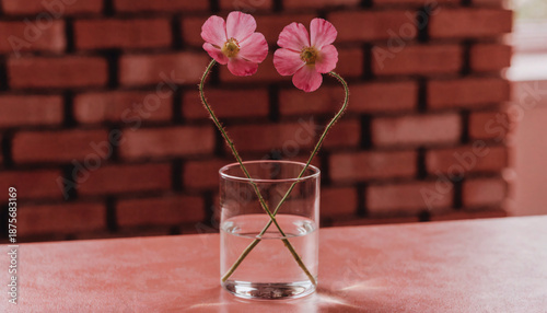 Two pink flowers with thin stems form heart shape in glass of water against brick wall