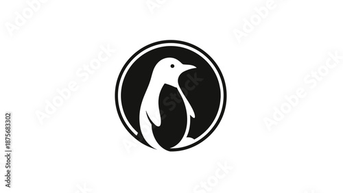 Simple black and white penguin logo design on a circular background.