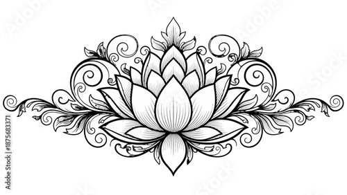 Black and white lotus flower with intricate floral design and swirling patterns.
