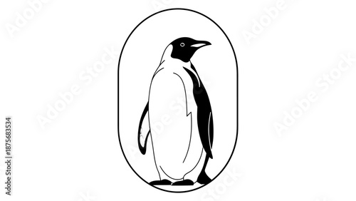 Simple black and white illustration of a penguin in an oval frame.