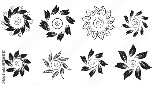 Collection of black and white floral designs with spiral centers and leaves.