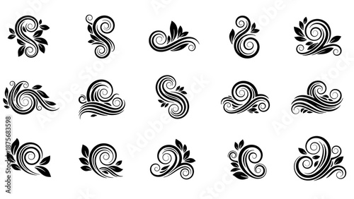 Collection of Elegant Black Floral Swirls and Leaves.