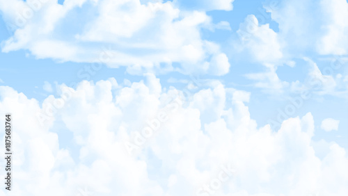 Clear blue sky and white cloud detail in background with copy space. The summer heaven with colorful clearing sky. Sky Nature Landscape Background. Good weather and beautiful nature.  illustration.